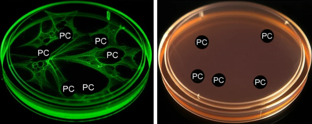 Fotografia scientifica, obiettivo macro 60mm, che mostra una piastra di Petri con colture cellulari di cancro polmonare (LUAD e LUSC) affiancate, con evidenziazione grafica delle molecole di fosfatidilcolina (PC) associate a ciascuna, illuminazione da laboratorio, alta definizione.