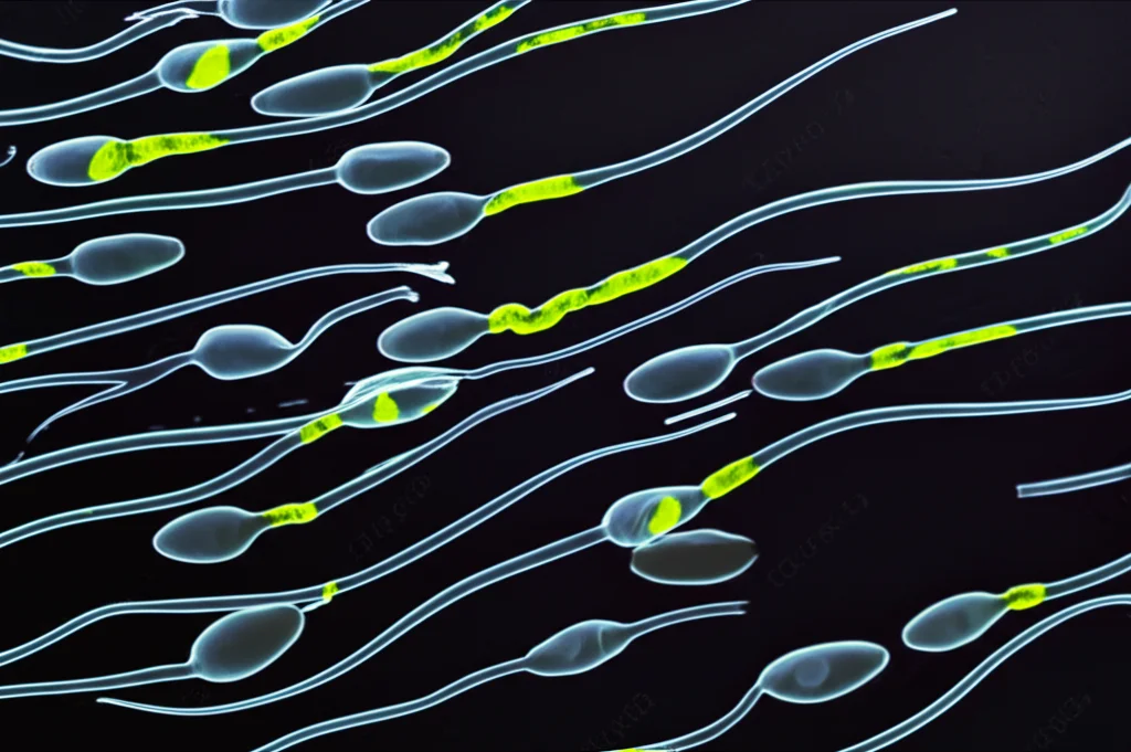 Microscopio ad alta potenza che mostra spermatozoi umani, alcuni con segni visibili di stress o danno alla membrana mitocondriale evidenziato da fluorescenza, illuminazione controllata da laboratorio, lente macro 100mm, alta definizione, messa a fuoco precisa.