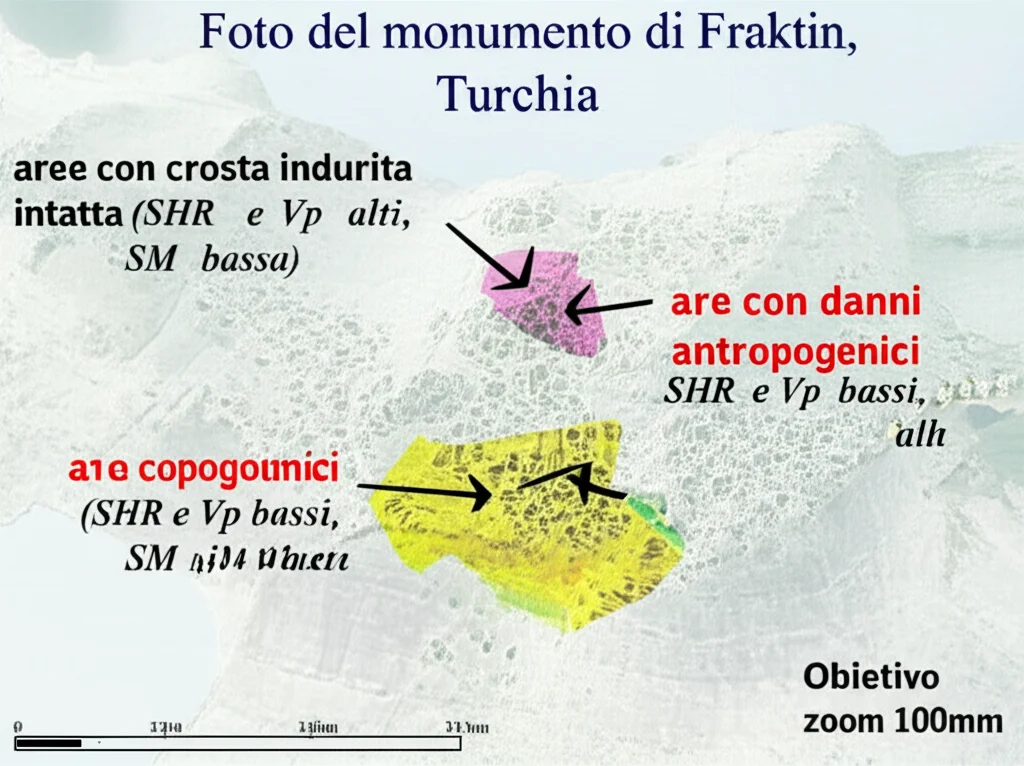 Foto del monumento di Fraktin, Turchia, con sovrapposta una mappa concettuale che evidenzia le diverse zone: aree con crosta indurita intatta (SHR e Vp alti, SM bassa), aree con danni antropogenici (SHR e Vp bassi, SM più alta), e aree con crescita biologica (licheni). Obiettivo zoom 100mm, messa a fuoco precisa sui dettagli delle diverse zone, luce diurna.