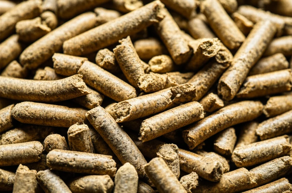 Macro fotografia di pellet di mangime per bovini di alta qualità, obiettivo macro 100mm, alta definizione dei dettagli, messa a fuoco precisa sulla texture dei pellet, illuminazione controllata da studio che ne evidenzia la composizione eterogenea.