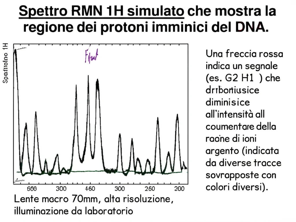 Spettro RMN 1H simulato che mostra la regione dei protoni imminici del DNA. Una freccia rossa indica un segnale (es. G2 H1) che diminuisce di intensità all'aumentare della concentrazione di ioni argento (indicata da diverse tracce sovrapposte con colori diversi). Lente macro 70mm, alta risoluzione, illuminazione da laboratorio.