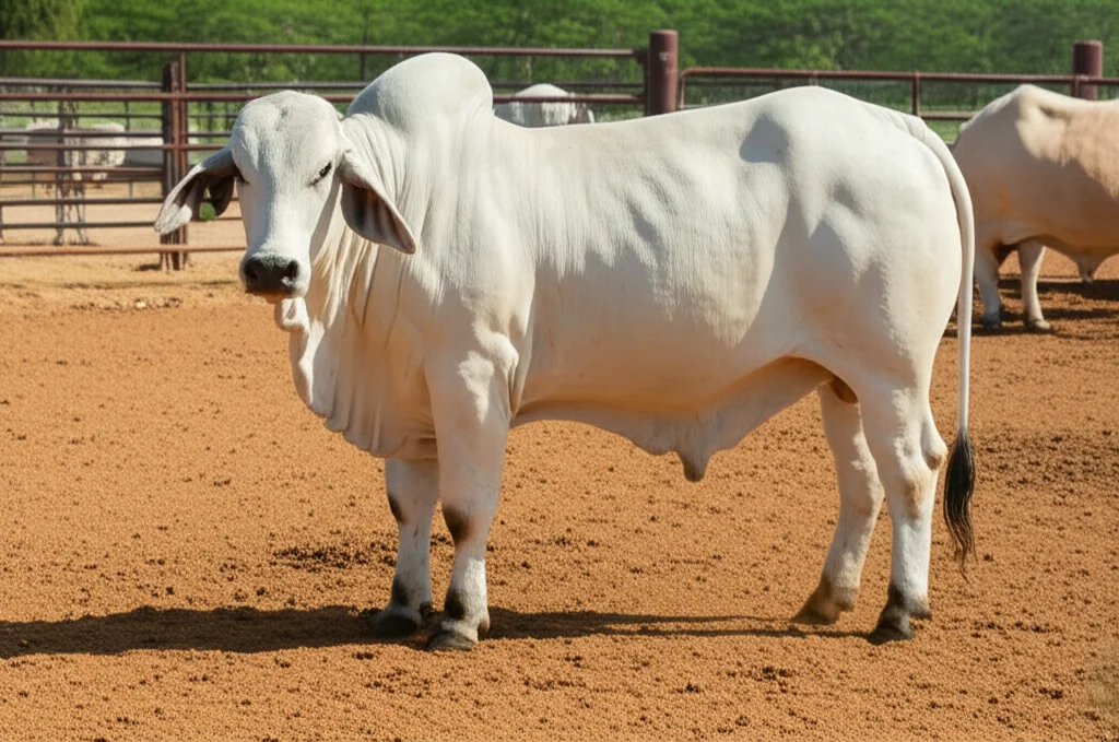 Fotografia grandangolare di bovini da carne di razza Brahman in un recinto pulito e ben tenuto, obiettivo grandangolare 20mm, messa a fuoco nitida sugli animali in primo piano, luce naturale pomeridiana, che mostra l'ambiente di allevamento controllato dello studio.
