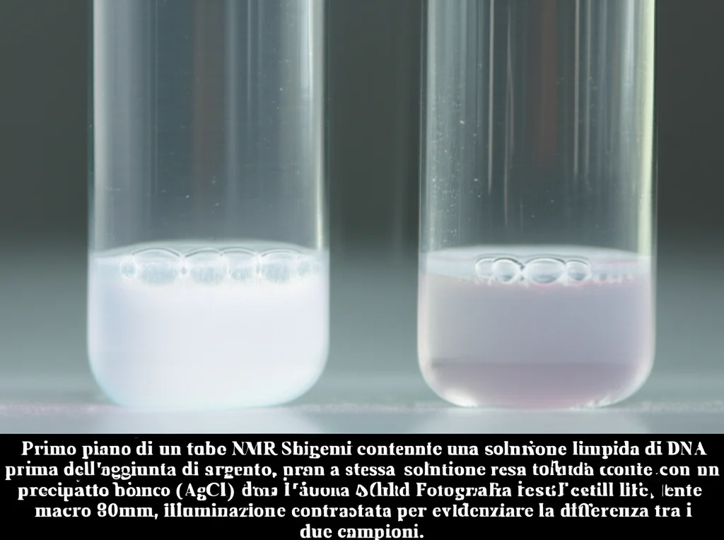 Primo piano di un tubo NMR Shigemi contenente una soluzione limpida di DNA prima dell'aggiunta di argento, accanto a un altro tubo con la stessa soluzione resa torbida e con un precipitato bianco (AgCl) dopo l'aggiunta di ioni cloruro. Fotografia still life, lente macro 80mm, illuminazione contrastata per evidenziare la differenza tra i due campioni.