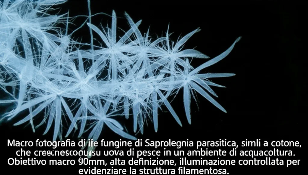 Macro fotografia di ife fungine di Saprolegnia parasitica, simili a cotone, che crescono su uova di pesce in un ambiente di acquacoltura. Obiettivo macro 90mm, alta definizione, illuminazione controllata per evidenziare la struttura filamentosa.