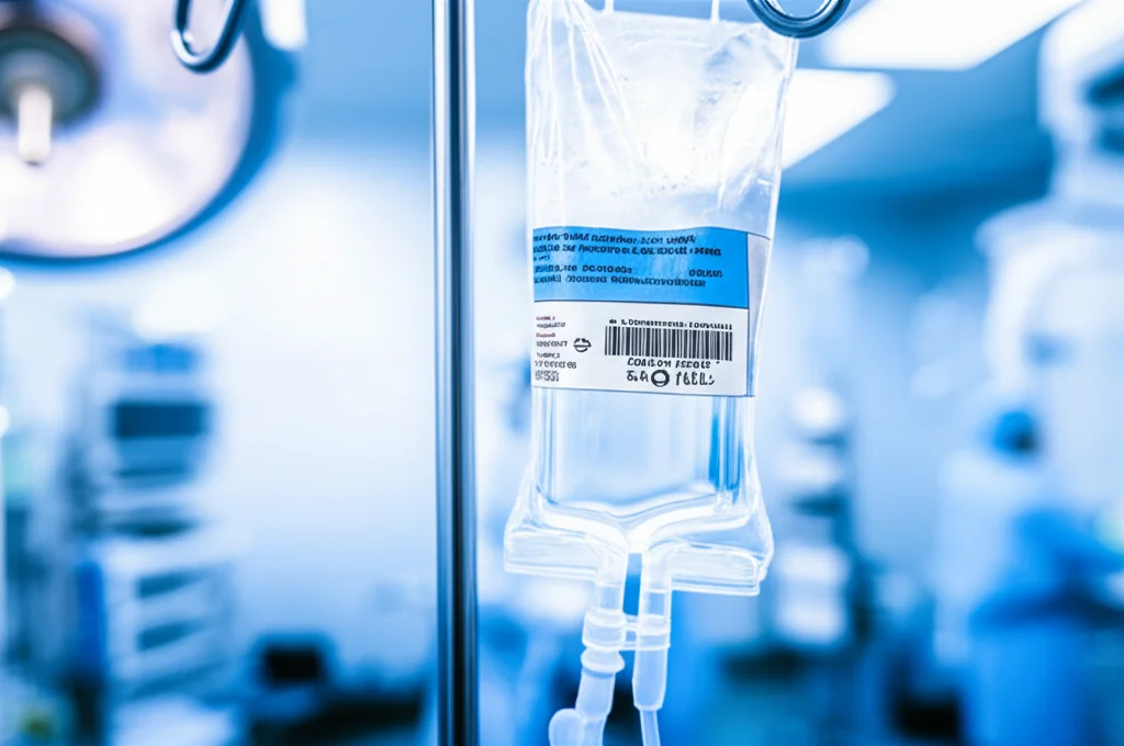 Fotografia macro di una sacca per flebo contenente acido tranexamico trasparente, appesa a un supporto metallico in una sala operatoria moderna e luminosa. Obiettivo macro 90mm, alta definizione, illuminazione controllata e brillante, focus preciso sul liquido e sull'etichetta della sacca parzialmente visibile.