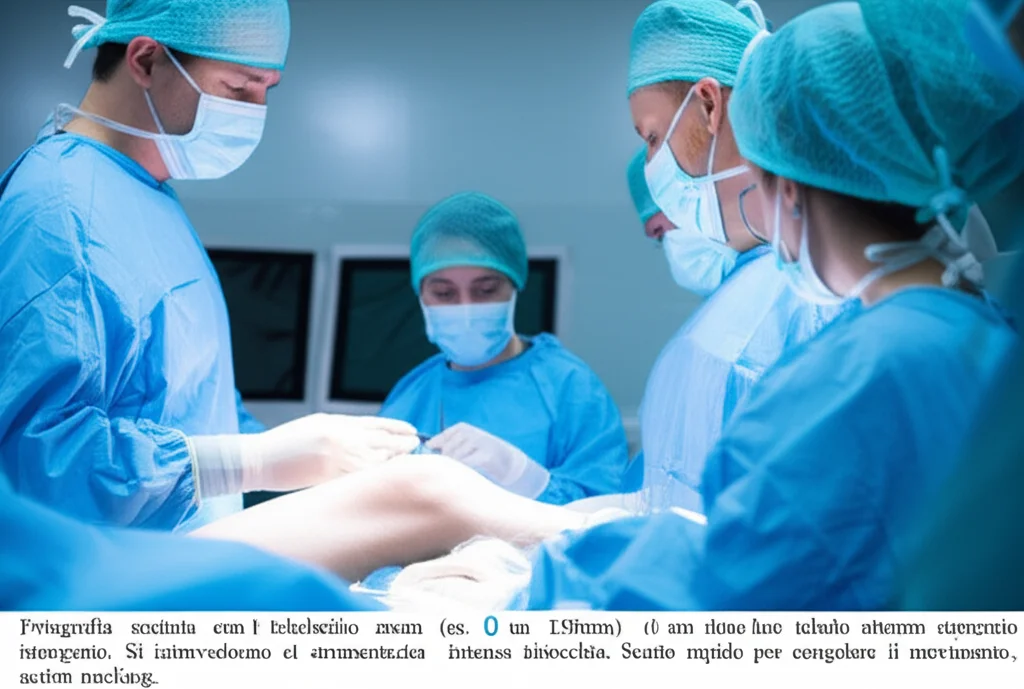 Fotografia scattata con teleobiettivo zoom (es. 150mm) di un team chirurgico concentrato attorno al tavolo operatorio durante un intervento al ginocchio. Si intravedono monitor e strumentazione. Luce operatoria intensa. Scatto rapido per congelare il movimento, action tracking.