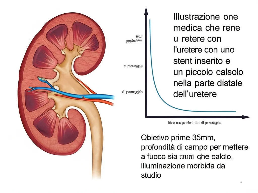 Illustrazione medica che mostra un rene, l'uretere con uno stent inserito e un piccolo calcolo nella parte distale dell'uretere. Accanto, un grafico stilizzato che indica una probabilità di passaggio. Obiettivo prime 35mm, profondità di campo per mettere a fuoco sia lo stent che il calcolo, illuminazione morbida da studio.