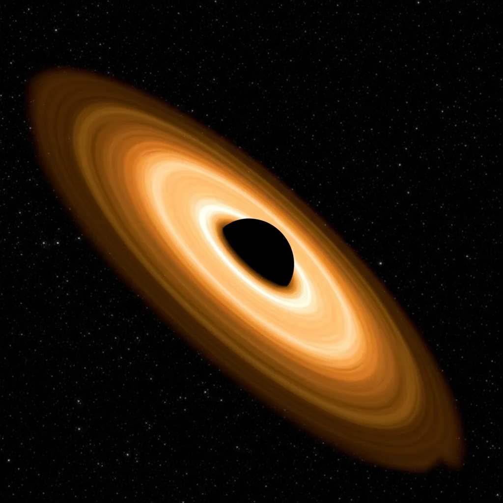 Immagine astronomica fotorealistica di un buco nero rotante supermassiccio (RASN-BH) in uno spaziotempo AdS, circondato da un disco di accrescimento luminoso e distorto. Si evidenzia l'ergoregione attorno all'orizzonte degli eventi. Wide-angle 10mm, long exposure, sharp focus, high detail.