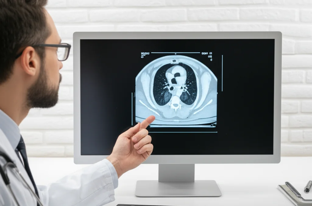 Primo piano di una TAC addominale su uno schermo luminoso, con un medico che indica un calcolo ureterale e la sua misurazione in Unità Hounsfield. Obiettivo zoom 24-70mm, focus sull'immagine TC, luce ambientale da studio medico.