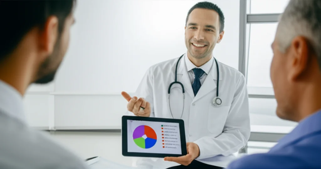 Un medico sorridente che discute con un paziente in uno studio medico luminoso, mostrando un tablet con un grafico o un punteggio (il PASS score). Obiettivo prime 50mm, luce naturale dalla finestra, focus sui volti e sul tablet.