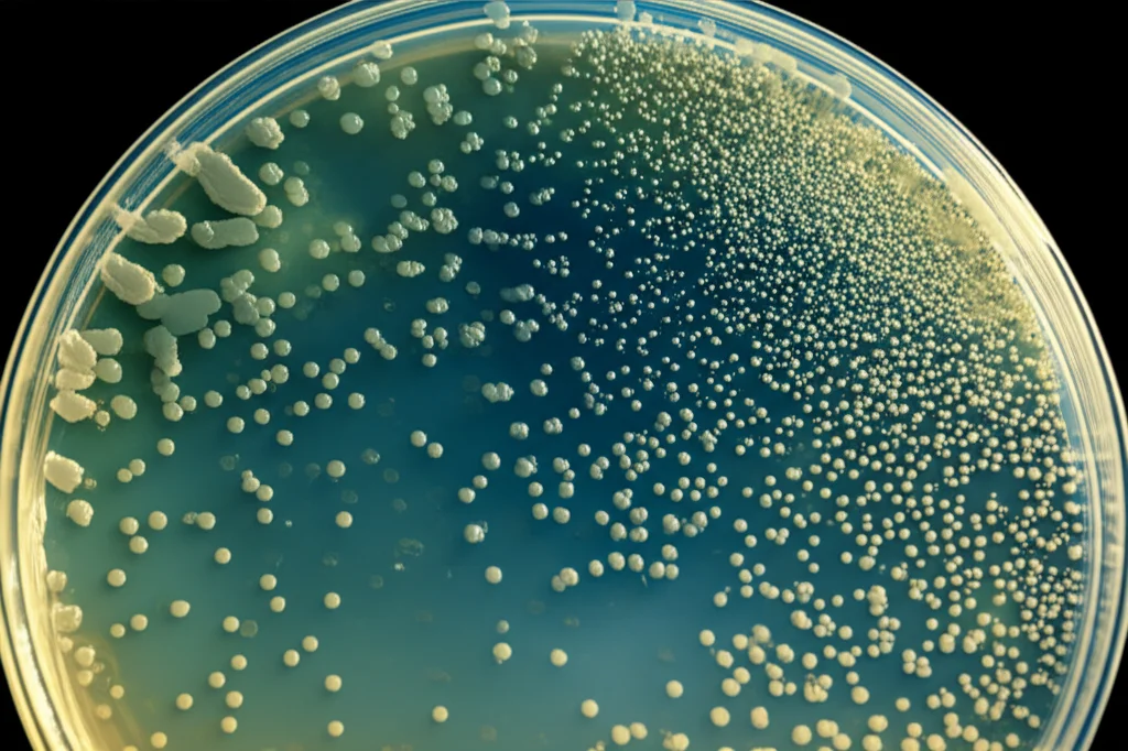 Immagine macro ad alta definizione di una piastra di Petri con colonie batteriche di E. coli illuminate da luce controllata, utilizzate per la produzione dell'anticorpo scFv. Obiettivo macro 100mm, messa a fuoco precisa sui dettagli delle colonie.