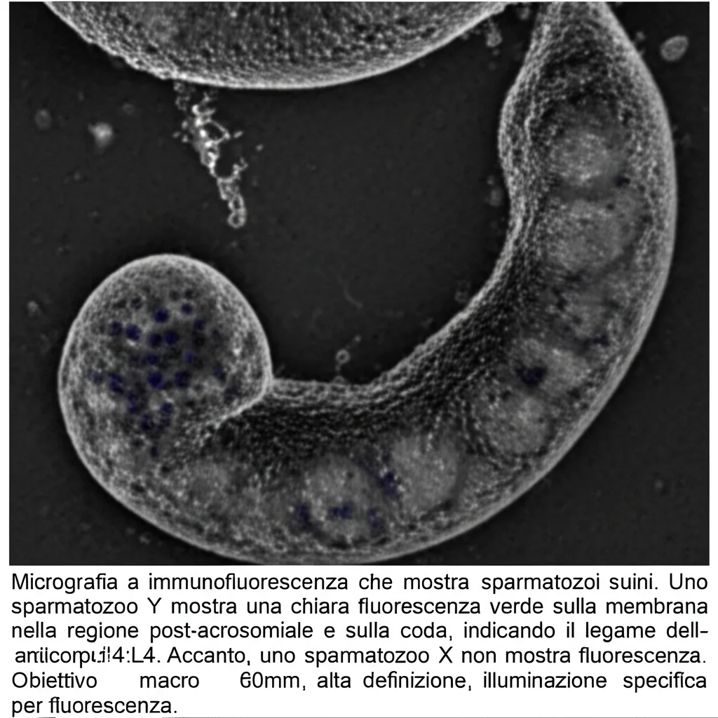 Micrografia a immunofluorescenza che mostra spermatozoi suini. Uno spermatozoo Y mostra una chiara fluorescenza verde sulla membrana nella regione post-acrosomiale e sulla coda, indicando il legame dell'anticorpo H4:L4. Accanto, uno spermatozoo X non mostra fluorescenza. Obiettivo macro 60mm, alta definizione, illuminazione specifica per fluorescenza.
