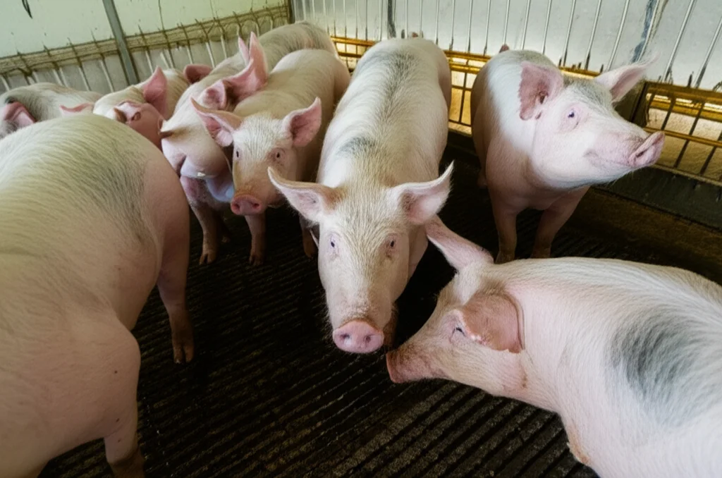Fotografia di un moderno allevamento di suini Duroc, obiettivo grandangolare 24mm, messa a fuoco nitida sull'ambiente pulito e sugli animali sani, a simboleggiare il contesto industriale in cui l'anticorpo scFv potrebbe essere applicato per migliorare la produzione.
