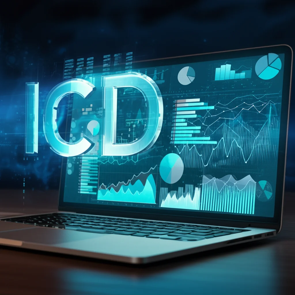 Visualizzazione astratta di dati medici digitali su uno schermo futuristico, con grafici di rischio e codici ICD luminosi. Stile fotorealistico, obiettivo macro 80mm per dettagli nitidi, illuminazione controllata da studio.