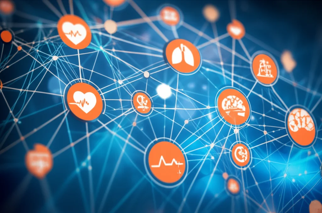 Illustrazione concettuale di una rete neurale complessa che processa dati sanitari diversi (simboli di cuore, cervello, goccia di sangue, grafico di zucchero nel sangue). Stile fotorealistico, obiettivo 35mm prime, profondità di campo che sfoca lo sfondo per focalizzare sulla rete, colori blu e arancio duotone.