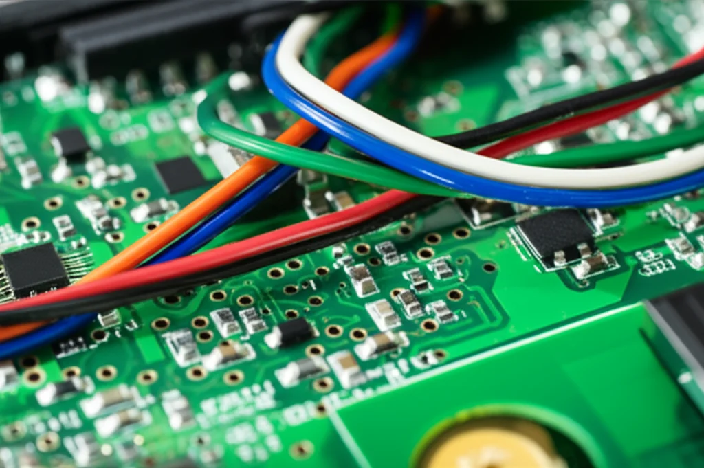 Lenti macro, 100 mm, catturando un primo piano di componenti di rifiuti elettronici come circuiti e fili, dettagli elevati, messa a fuoco precisa, illuminazione controllata, simboleggia la sfida del riciclaggio WEEE.