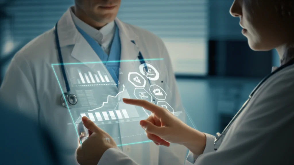 Medico che esamina dati complessi su un tablet trasparente futuristico, con grafici di rischio multi-malattia e fattori chiave evidenziati. Ritratto professionale, obiettivo 50mm, sfondo leggermente sfocato di un ambiente clinico moderno, illuminazione morbida.