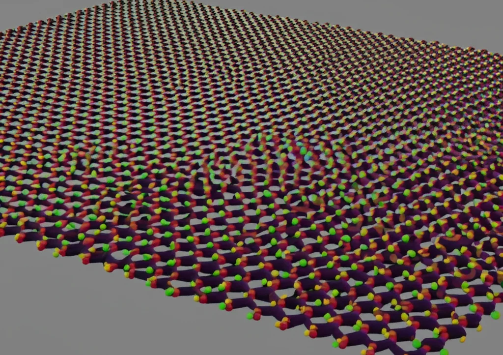 Immagine fotorealistica di due strati atomici esagonali (WSe2 e WS2) sovrapposti con un leggero angolo di torsione, creando un pattern moiré visibile. Sottili onde emanano dall'interfaccia, rappresentando le vibrazioni collettive. Obiettivo macro 100mm, alta definizione, illuminazione controllata per evidenziare i dettagli atomici e il pattern moiré.