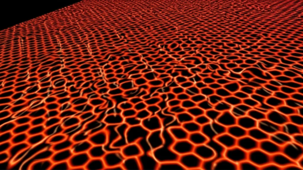 Visualizzazione astratta ma fotorealistica di fononi che interagiscono all'interfaccia moiré. Si vedono onde energetiche che si fondono (ibridazione) vicino a regioni di pattern moiré ricostruito. Colori caldi per l'alta energia, effetto movimento leggero per indicare la dinamica. Stile scientifico-artistico, dettagli elevati.