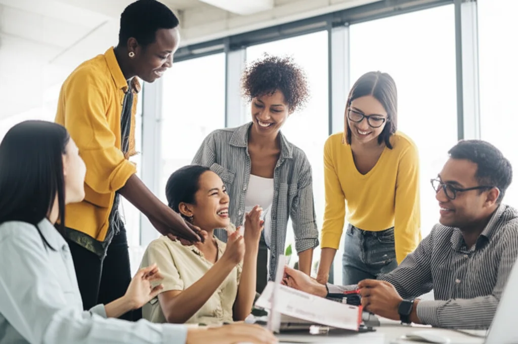 Fotografia di un team diversificato di colleghi che collaborano sorridenti in un moderno ufficio luminoso, obiettivo prime 35mm, profondità di campo accentuata per mettere a fuoco l'interazione positiva e l'armonia interpersonale.