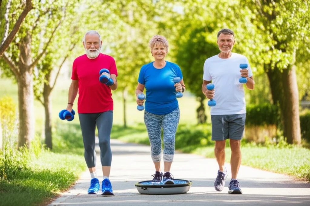 Gruppo di anziani attivi che partecipano a diverse sessioni di allenamento: uno solleva pesi leggeri (resistance), uno fa esercizi di equilibrio su una pedana instabile (proprioceptive), uno pratica Nordic walking in un parco (endurance). Fotografia sportiva, obiettivo zoom 100-400mm, velocità otturatore elevata per catturare il movimento, luce naturale brillante.