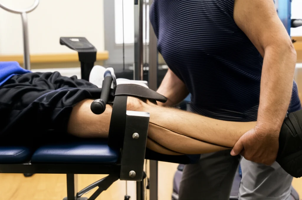 Primo piano di un dinamometro isocinetico che misura la forza del ginocchio di un adulto anziano in un ambiente clinico/di ricerca. Fotografia di oggetti, obiettivo macro 90mm, alta definizione, messa a fuoco precisa sul macchinario e sulla gamba, illuminazione controllata.