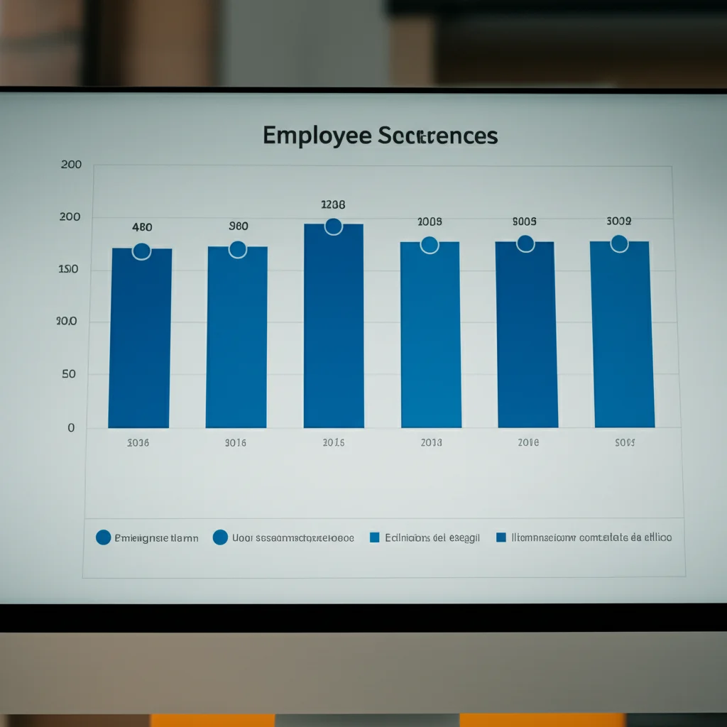 Primo piano di un grafico a barre su uno schermo di computer che mostra i punteggi delle cinque dimensioni dell'Employee Experience, obiettivo macro 100mm, alta definizione dei dettagli, illuminazione controllata da ufficio.
