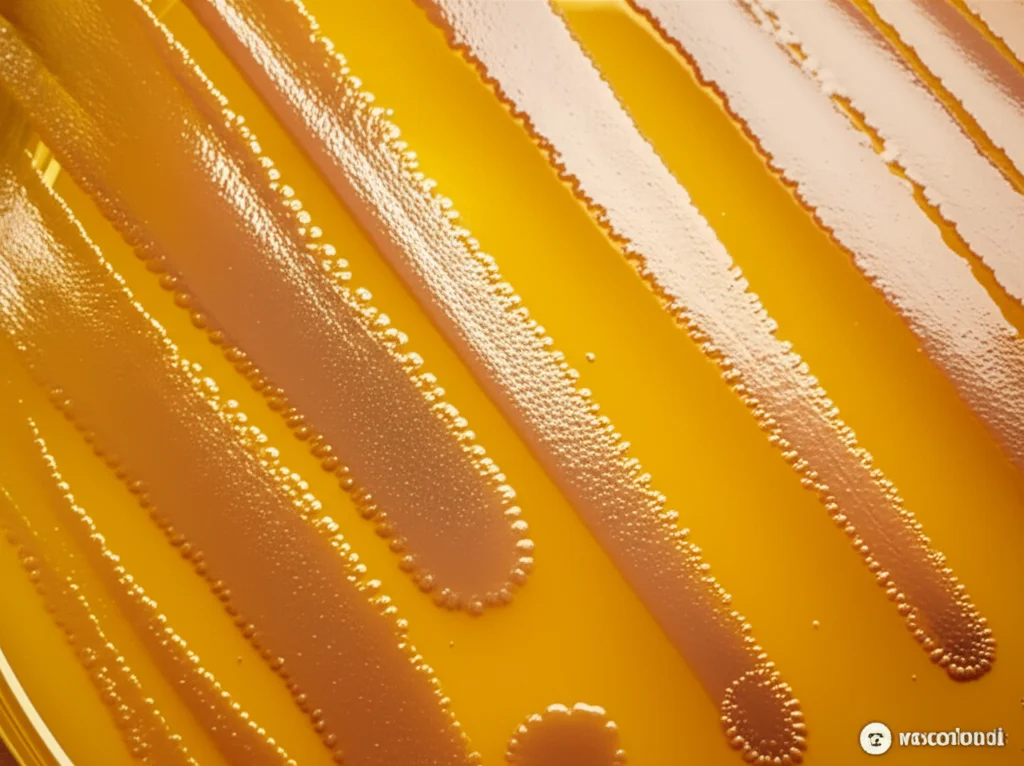 Macro fotografia di diverse colonie batteriche colorate e morfologicamente distinte su una piastra di Petri, vista dall'alto, lente macro 100mm, alta definizione dei dettagli, illuminazione controllata da laboratorio che enfatizza le texture delle colonie, focus selettivo.