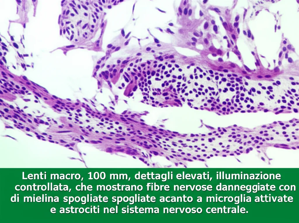 Lenti macro, 100 mm, dettagli elevati, illuminazione controllata, che mostrano fibre nervose danneggiate con guaine di mielina spogliate accanto a microglia attivate e astrociti nel sistema nervoso centrale.