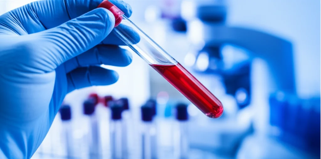 Primo piano di una provetta di sangue tenuta da un tecnico di laboratorio con guanti, sfondo sfocato di attrezzature scientifiche high-tech. Macro lens, 85mm, high detail, precise focusing, controlled lighting.