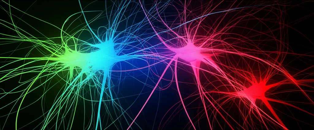 Visualizzazione astratta di reti neurali o molecole proteiche (amiloide, tau) in diversi colori (blu per sano, rosso per AD, verde per CBS) su sfondo scuro. Wide-angle lens, 15mm, sharp focus, illuminazione drammatica.