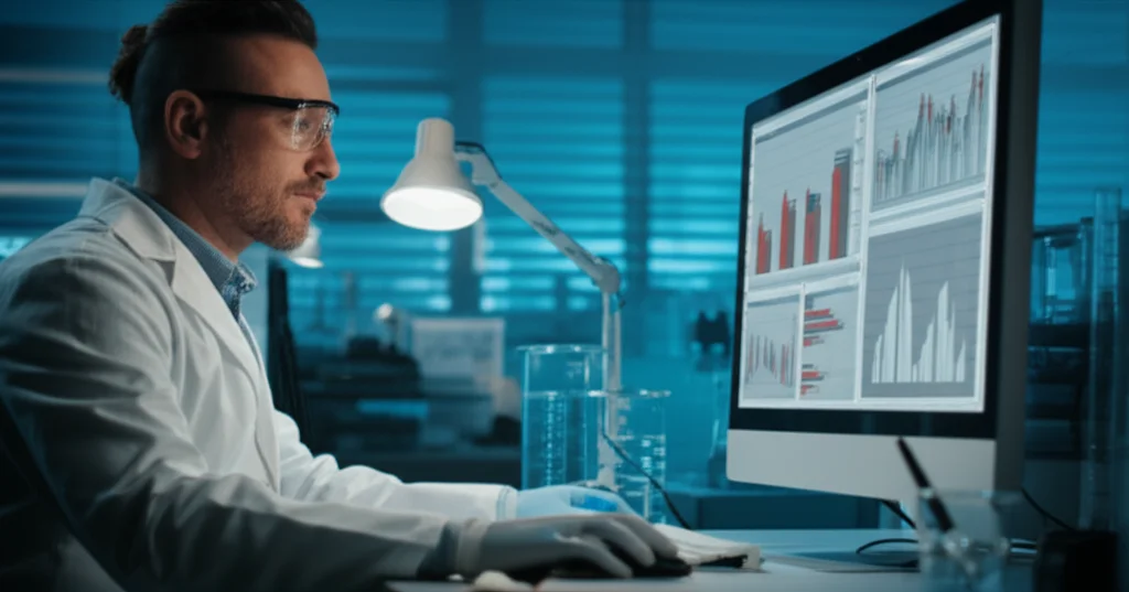 Scienziato/a che guarda pensieroso/a un computer screen che mostra grafici di dati complessi in un laboratorio moderno e luminoso. Prime lens, 35mm, depth of field, tonalità blu e grigio duotone.