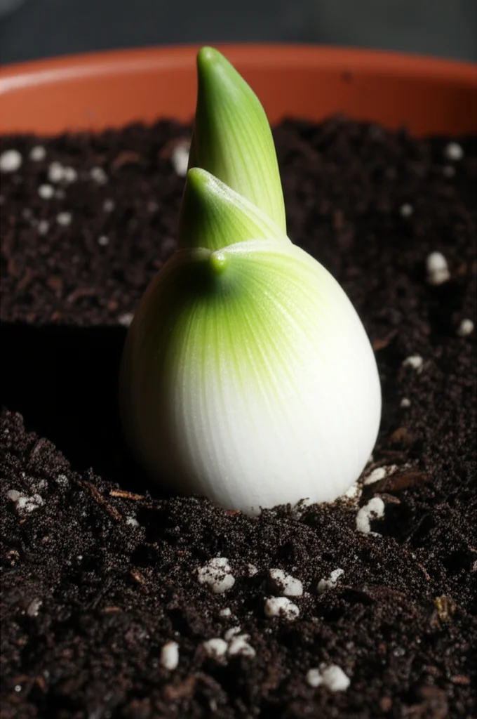 Fotografia macro di un bulbo di Chouardia litardierei appena piantato in un vaso, con terriccio scuro e umido visibile. Lente macro 100mm, alta definizione, messa a fuoco precisa sul bulbo, illuminazione laterale controllata per evidenziare la texture.