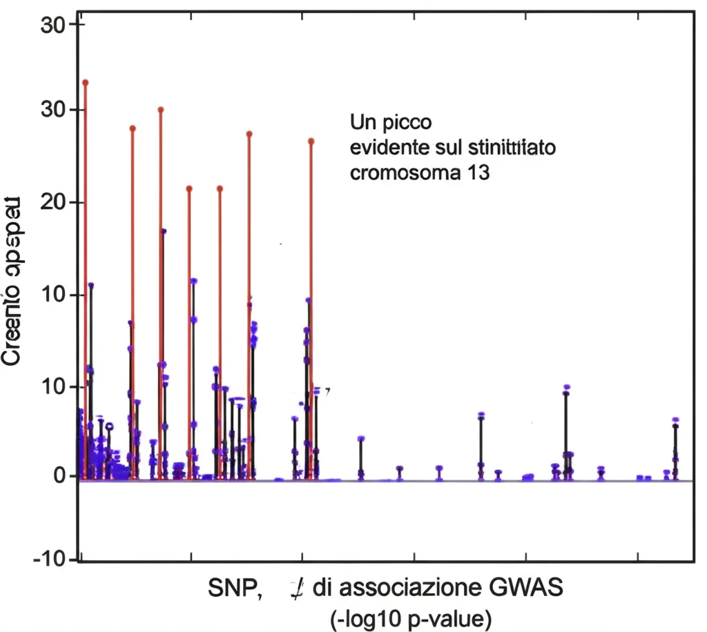Grafico Manhattan plot stilizzato che mostra picchi di associazione GWAS su diversi cromosomi. I punti rappresentano SNP, l'asse y indica la significatività statistica (-log10 p-value). Un picco evidente sul cromosoma 13 è evidenziato. Stile grafico scientifico ma chiaro.