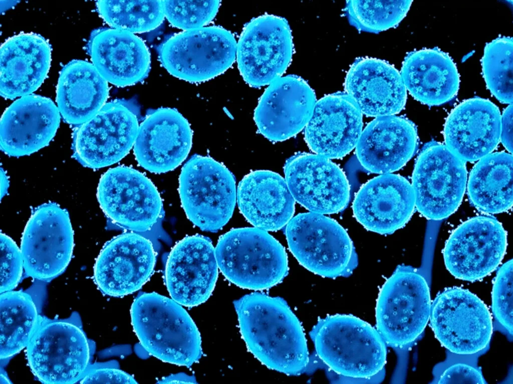 Immagine macrofotografica ad alta risoluzione di nuclei cellulari isolati con il metodo snCED-seq, colorati in blu brillante con DAPI, sospesi in una soluzione limpida. Obiettivo macro 60mm, illuminazione controllata per evidenziare l'integrità morfologica e l'assenza di detriti.