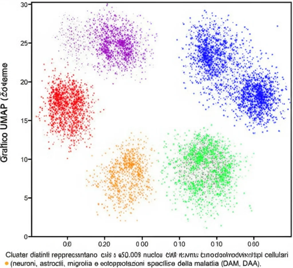 Grafico UMAP colorato che mostra la classificazione di oltre 60.000 nuclei dall'ippocampo di topi modello per l'Alzheimer e controlli, ottenuti con snCED-seq. Cluster distinti rappresentano diversi tipi cellulari (neuroni, astrociti, microglia) e sottopopolazioni specifiche della malattia (DAM, DAA). Obiettivo grandangolare 24mm per una visione d'insieme, colori vivaci per distinguere i cluster.