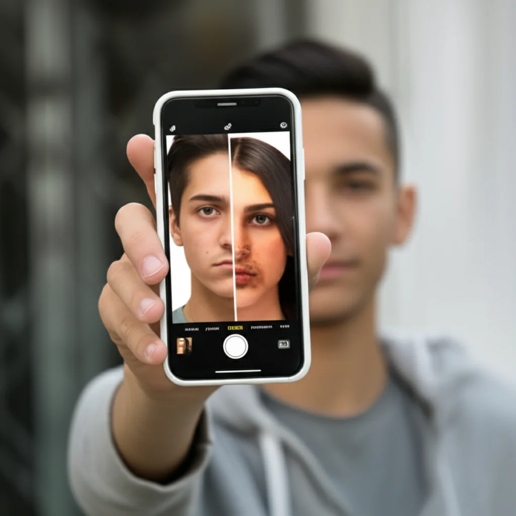 Primo piano di uno smartphone tenuto da un adolescente maschio omanita, lo schermo mostra un'app di photoaging con il volto diviso a metà: una parte giovane, l'altra visibilmente invecchiata e danneggiata dagli effetti del fumo. Luce naturale laterale, profondità di campo ridotta. Obiettivo prime 35mm, colori naturali.