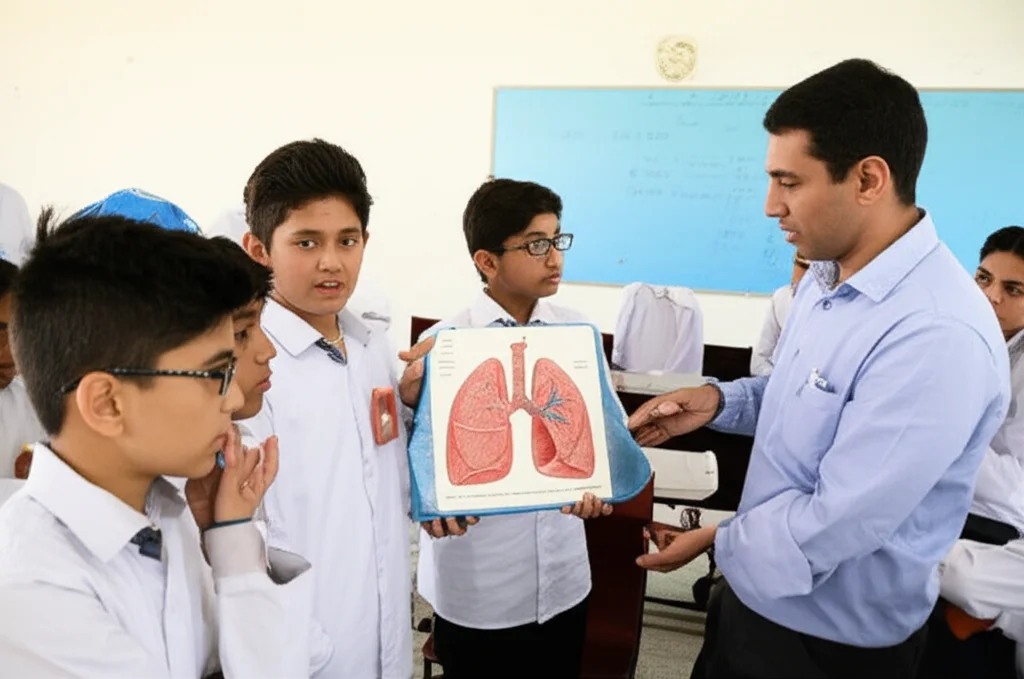 Aula scolastica luminosa in Oman, un gruppo attento di studenti adolescenti maschi osserva un modello anatomico di polmoni (uno sano, uno annerito dal fumo) tenuto da un educatore. Focus sui volti concentrati degli studenti. Obiettivo zoom 50mm, luce ambientale diffusa.