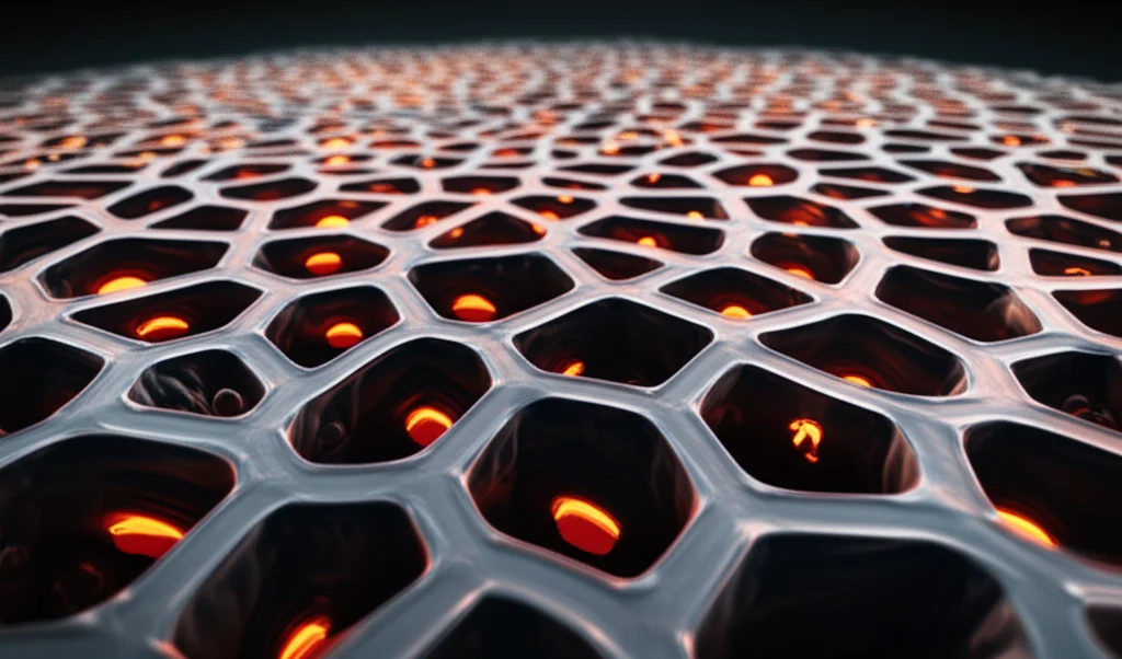 A highly detailed, precisely focused macro photograph (100mm lens) under controlled lighting, showing abstract cellular structures with embedded ion channels, representing the molecular sensors of temperature.