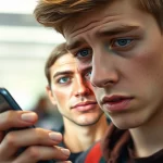 Adolescente maschio omanita guarda con espressione preoccupata lo schermo del suo smartphone dove un'app di photoaging mostra gli effetti devastanti del fumo sul suo volto futuro. Sfondo sfocato di un ambiente scolastico. Fotografia ritratto, obiettivo 35mm, luce drammatica laterale, profondità di campo selettiva sullo smartphone e sul volto.