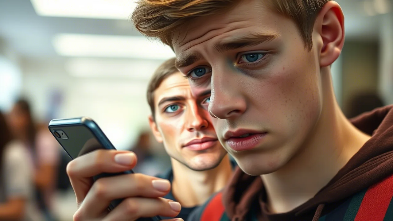 Adolescente maschio omanita guarda con espressione preoccupata lo schermo del suo smartphone dove un'app di photoaging mostra gli effetti devastanti del fumo sul suo volto futuro. Sfondo sfocato di un ambiente scolastico. Fotografia ritratto, obiettivo 35mm, luce drammatica laterale, profondità di campo selettiva sullo smartphone e sul volto.