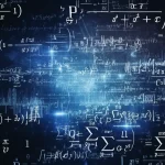 An abstract visualization of mathematical equations and graphs interacting in a complex space, wide-angle 15mm, sharp focus.