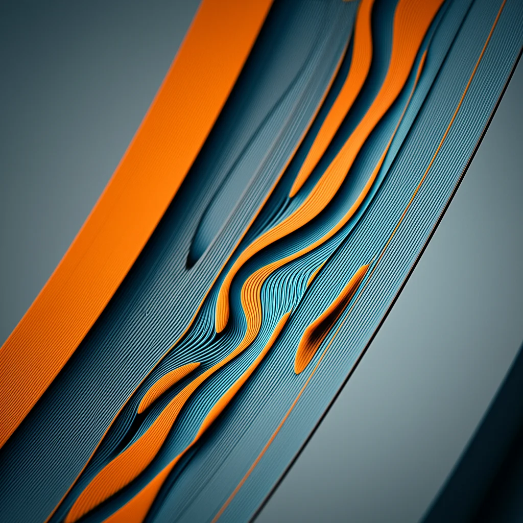 Illustrazione astratta che mostra linee di flusso di calore stilizzate, simili a onde fluide, che interagiscono con uno strato isolante di spessore variabile su una superficie curva grigia. L'isolante ha zone più spesse colorate di arancione caldo e zone più sottili di blu freddo, suggerendo una rottura della simmetria. Prime lens, 35mm, depth of field accentuata, duotone blu e arancione per rappresentare freddo e caldo in modo vivido.