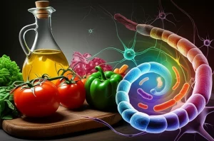 Immagine fotorealistica che combina elementi della dieta mediterranea (pomodori rossi brillanti, una bottiglia di olio d'oliva, verdure fresche) con una rappresentazione stilizzata e luminosa di neuroni con guaina mielinica intatta e un vortice colorato simboleggiante un microbiota intestinale sano. Luce naturale, colori caldi del mediterraneo, profondità di campo che mette a fuoco gli elementi dietetici in primo piano.