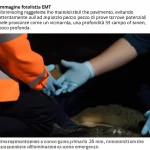 Immagine fotorealistica, mano guantata EMT che raggiunge un paziente simulato sul pavimento, evitando attentamente un piccolo pezzo di prove potenziali nelle vicinanze come un'impronta, una profondità di campo poco profonda, la lente primaria 35 mm, un'illuminazione drammatica che suggerisce una scena di emergenza di notte.