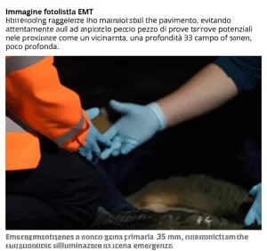 Immagine fotorealistica, mano guantata EMT che raggiunge un paziente simulato sul pavimento, evitando attentamente un piccolo pezzo di prove potenziali nelle vicinanze come un'impronta, una profondità di campo poco profonda, la lente primaria 35 mm, un'illuminazione drammatica che suggerisce una scena di emergenza di notte.