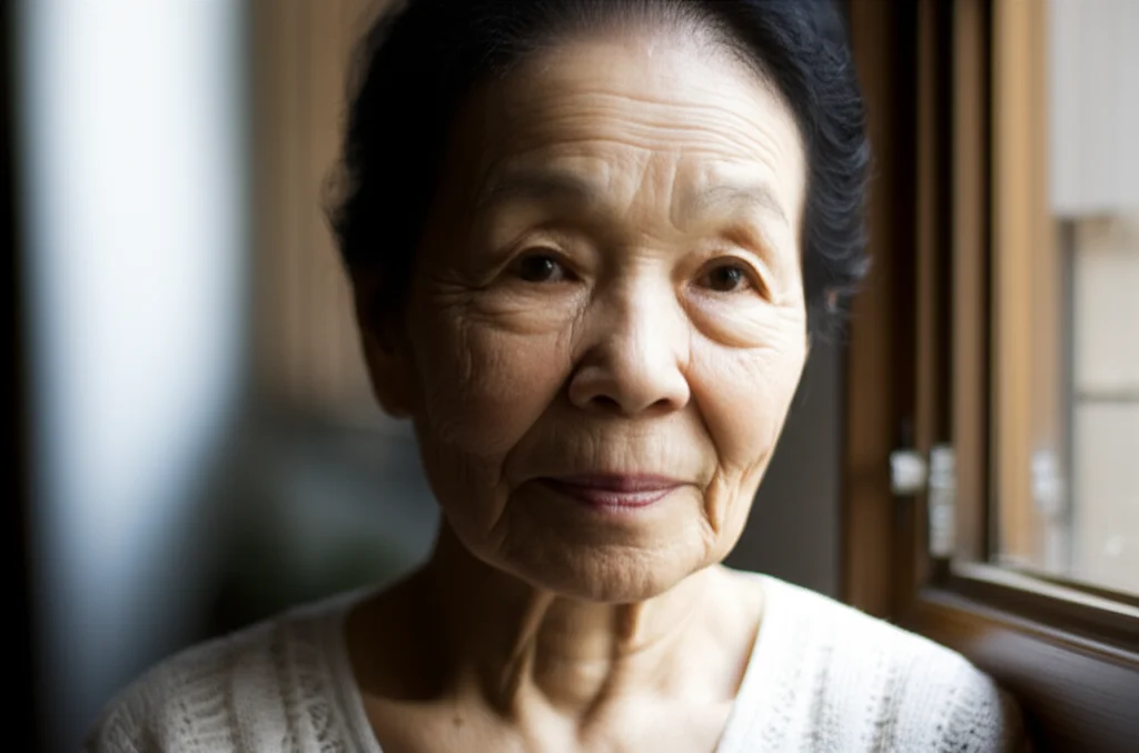 Ritratto di una donna giapponese di mezza età che guarda fuori da una finestra con un'espressione serena e speranzosa, fotografia 35mm, luce naturale morbida, profondità di campo ridotta per focalizzare sull'emozione.