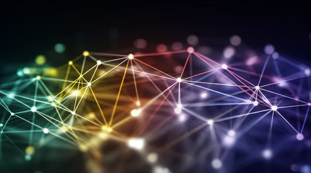 Illustrazione astratta di reti neurali luminose e colorate che si interconnettono su uno sfondo scuro, a simboleggiare l'analisi complessa dei dati tramite machine learning. Fotografia digitale, alta definizione.