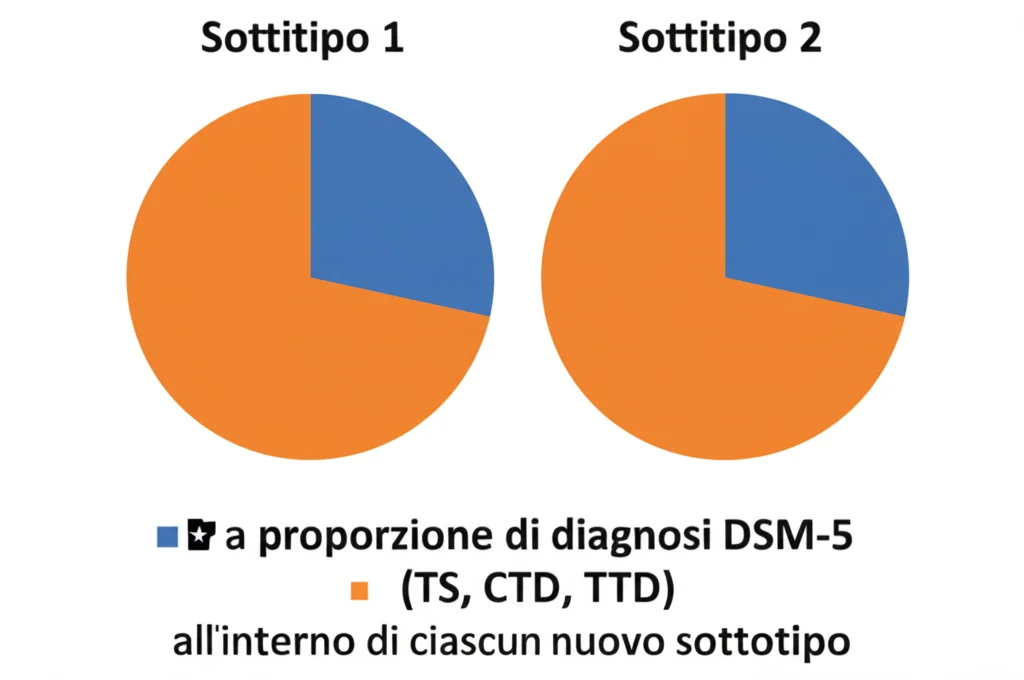 Due diagrammi a torta affiancati, uno per il Sottotipo 1 e uno per il Sottotipo 2, che mostrano la proporzione di diagnosi DSM-5 (TS, CTD, TTD) all'interno di ciascun nuovo sottotipo. Grafica chiara e colorata.