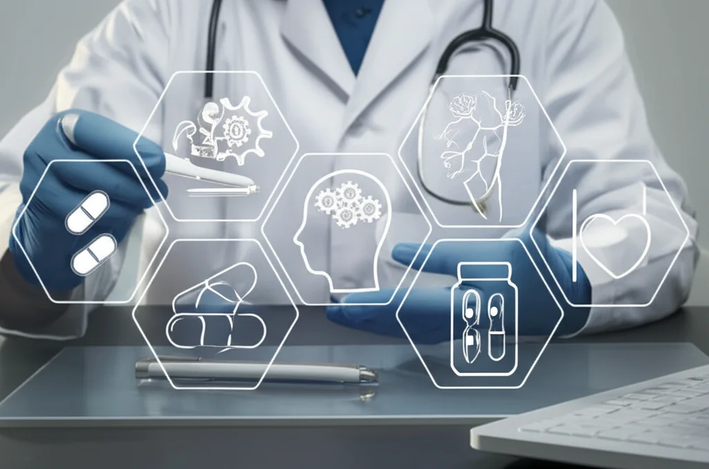 Mano di un medico che disegna un percorso personalizzato su una lavagna luminosa, con simboli che rappresentano diverse terapie (pillole, cervello con ingranaggi per terapia comportamentale, cuore per supporto). Obiettivo macro 60mm, alta definizione, illuminazione controllata.